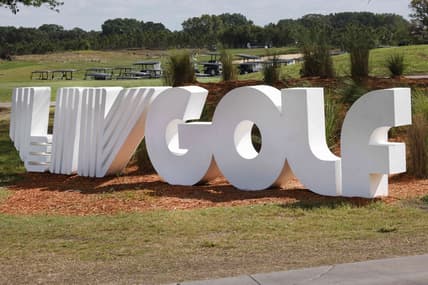 Mar 31, 2023; Orlando, Florida, USA; The LIV logo on display at the entrance before the first round of a LIV Golf event at Orange County National. Mandatory Credit: Reinhold Matay-USA TODAY Sports