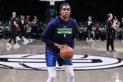Apr 4, 2023; Brooklyn, New York, USA;  Minnesota Timberwolves forward Jaden McDaniels (3) warms up prior to the game against the Brooklyn Nets at Barclays Center. Mandatory Credit: Wendell Cruz-USA TODAY Sports