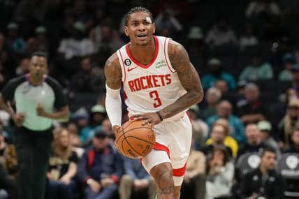 Apr 7, 2023; Charlotte, North Carolina, USA; Houston Rockets guard Kevin Porter Jr. (3) brings the ball up court during the first quarter against the Charlotte Hornets at the Spectrum Center. Mandatory Credit: Jim Dedmon-USA TODAY Sports