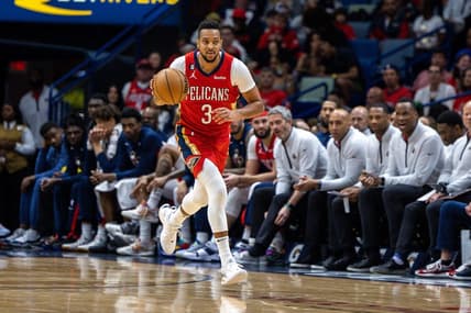 Apr 7, 2023; New Orleans, Louisiana, USA;  New Orleans Pelicans guard CJ McCollum (3) brings the ball up court against the New York Knicks during the second half at Smoothie King Center. Mandatory Credit: Stephen Lew-USA TODAY Sports