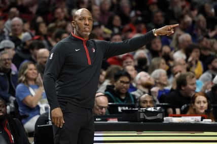 Apr 9, 2023; Portland, Oregon, USA; Portland Trail Blazers head coach Chauncey Billups gives direction to his team during the first half against the Golden State Warriors at Moda Center. Mandatory Credit: Soobum Im-USA TODAY Sports