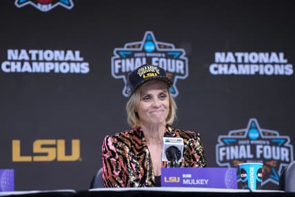Apr 2, 2023; Dallas, TX, USA; LSU Lady Tigers head coach Kim Mulkey reacts at press conference after the NCAA Womens Basketball Final Four National Championship against the Iowa Hawkeyes at American Airlines Center. Mandatory Credit: Kirby Lee-USA TODAY Sports