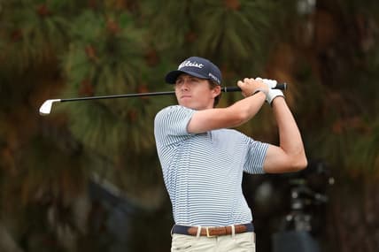 Jun 18, 2023; Los Angeles, California, USA; Gordon Sargent hits a tee shot on the 11th hole during the final round of the U.S. Open golf tournament at Los Angeles Country Club. Mandatory Credit: Kiyoshi Mio-USA TODAY Sports
