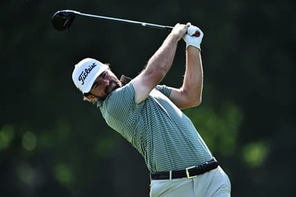 Aug 18, 2023; Olympia Fields, Illinois, USA; Cameron Young tees off from the 7th tee during the second round of the BMW Championship golf tournament. Mandatory Credit: Jamie Sabau-USA TODAY Sports