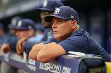 Aug 24, 2023; St. Petersburg, Florida, USA;  Tampa Bay Rays manager Kevin Cash (16) looks on from the dugout against the Colorado Rockies in the third inning at Tropicana Field. Mandatory Credit: Nathan Ray Seebeck-USA TODAY Sports