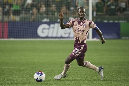 Aug 26, 2023; Portland, Oregon, USA; Portland Timbers midfielder Diego Chara (21) controls the ball during the second half against the Vancouver Whitecaps at Providence Park. Mandatory Credit: Troy Wayrynen-USA TODAY Sports