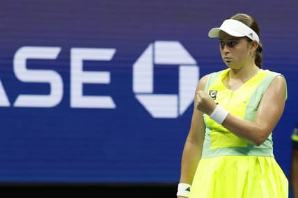 Sep 3, 2023; Flushing, NY, USA; Jelena Ostapenko of Latvia reacts after winning the second set against Iga Swiatek of Poland (not pictured) on day seven of the 2023 U.S. Open tennis tournament at USTA Billie Jean King National Tennis Center. Mandatory Credit: Geoff Burke-USA TODAY Sports