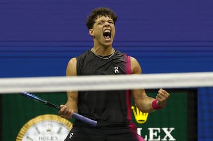 Sep 8, 2023; Flushing, NY, USA; Ben Shelton of the United States reacts after winning a point against Novak Djokovic of Serbia (not pictured) in a men's singles semifinal on day twelve of the 2023 U.S. Open tennis tournament at USTA Billie Jean King Tennis Center. Mandatory Credit: Geoff Burke-USA TODAY Sports