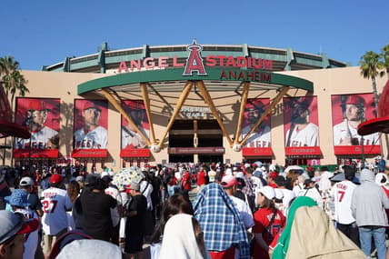 Sep 8, 2023; Anaheim, California, USA; A general overall view as fans arrive before the game between the Los Angeles Angels and the Cleveland Guardians at Angel Stadium. Mandatory Credit: Kirby Lee-USA TODAY Sports