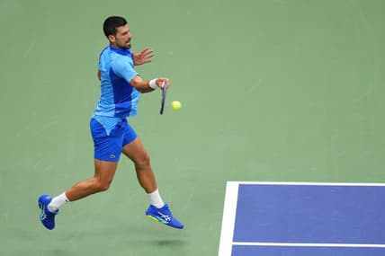 Sep 10, 2023; Flushing, NY, USA; Novak Djokovic of Serbia hits a forehand against Daniil Medvedev (not pictured) in the men's singles final in the men's singles final on day fourteen of the 2023 U.S. Open tennis tournament at USTA Billie Jean King National Tennis Center. Mandatory Credit: Danielle Parhizkaran-USA TODAY Sports