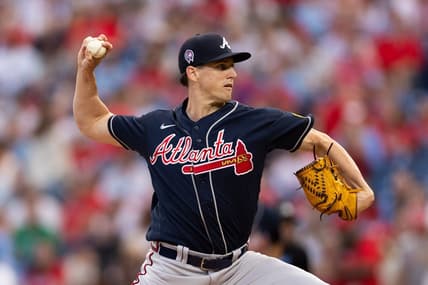 Sep 11, 2023; Philadelphia, Pennsylvania, USA; Atlanta Braves starting pitcher Kyle Wright (30) throws a pitch during the first inning against the Philadelphia Phillies at Citizens Bank Park. Mandatory Credit: Bill Streicher-USA TODAY Sports