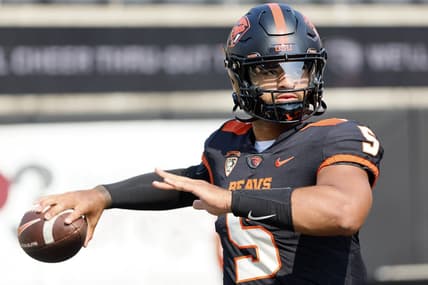 Sep 16, 2023; Corvallis, Oregon, USA; Oregon State Beavers quarterback DJ Uiagalelei (5) warms up before the game against the San Diego State Aztecs at Reser Stadium. Mandatory Credit: Soobum Im-USA TODAY Sports