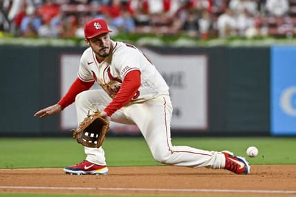 Sep 16, 2023; St. Louis, Missouri, USA;  St. Louis Cardinals third baseman Nolan Arenado (28) fields a ground ball against the Philadelphia Phillies during the fifth inning at Busch Stadium. Mandatory Credit: Jeff Curry-USA TODAY Sports