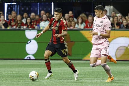 Sep 16, 2023; Atlanta, Georgia, USA; Atlanta United FC midfielder Thiago Almada (10) dribbles the ball as Inter Miami CF defender Tomas Aviles (6) defends at Mercedes-Benz Stadium. Mandatory Credit: Geoff Burke-USA TODAY Sports