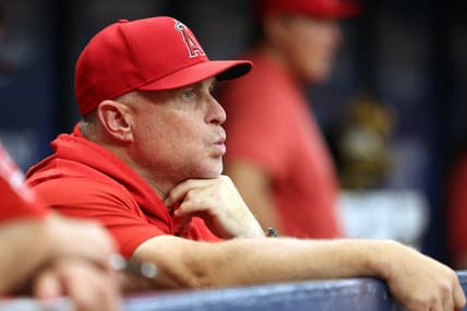 Sep 21, 2023; St. Petersburg, Florida, USA; Los Angeles Angels manager Phil Nevin looks on against the Tampa Bay Rays during the ninth inning at Tropicana Field. Mandatory Credit: Kim Klement Neitzel-USA TODAY Sports