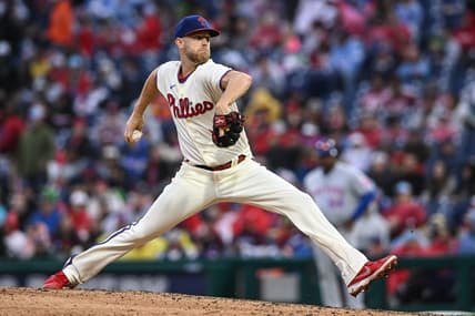Sep 23, 2023; Philadelphia, Pennsylvania, USA;  Philadelphia Phillies starting pitcher Zack Wheeler (45) pitches in the seventh inning against the New York Mets at Citizens Bank Park. Philadelphia won 7-5. Mandatory Credit: John Geliebter-USA TODAY Sports