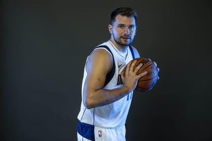 Sep 29, 2023; Dallas, TX, USA; Dallas Mavericks guard Luka Doncic (77) poses for a photo during the Mavs Media Day at the American Airlines Center. Mandatory Credit: Jerome Miron-USA TODAY Sports