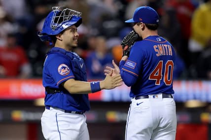 Sep 30, 2023; New York City, New York, USA; New York Mets catcher Francisco Alvarez (4) celebrates with relief pitcher Drew Smith (40) after defeating the Philadelphia Phillies at Citi Field. Mandatory Credit: Brad Penner-USA TODAY Sports