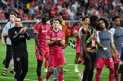 Sep 30, 2023; St. Louis, Missouri, USA; St. Louis City players applaud the home crowd after a 4-1 victory against Sporting Kansas City at CITYPARK. Mandatory Credit: Joe Puetz-USA TODAY Sports