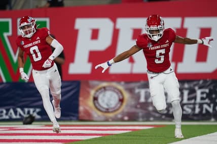 Sep 30, 2023; Fresno, California, USA; Fresno State Bulldogs wide receiver Jaelen Gill (5) reacts after catching a pass for a touchdown against the Nevada Wolf Pack in the first quarter at Valley Children's Stadium. Mandatory Credit: Cary Edmondson-USA TODAY Sports
