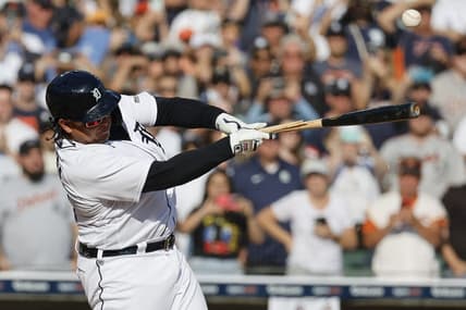 Oct 1, 2023; Detroit, Michigan, USA;  Detroit Tigers designated hitter Miguel Cabrera (24) breaks his bat flying out in the fourth inning against the Cleveland Guardians at Comerica Park. Mandatory Credit: Rick Osentoski-USA TODAY Sports