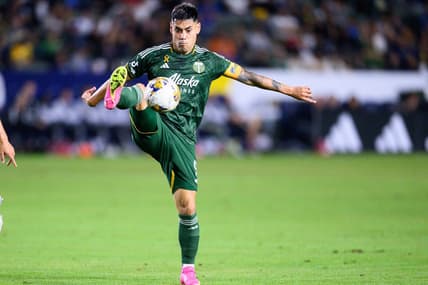Sep 30, 2023; Carson, California, USA; Portland Timbers forward Felipe Mora (9) handles the ball during the first half at Dignity Health Sports Park. Mandatory Credit: Kelvin Kuo-USA TODAY Sports