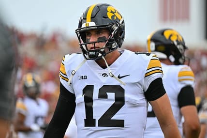 Sep 9, 2023; Ames, Iowa, USA; Iowa Hawkeyes quarterback Cade McNamara (12) looks on before the game against the Iowa State Cyclones at Jack Trice Stadium. Mandatory Credit: Jeffrey Becker-USA TODAY Sports