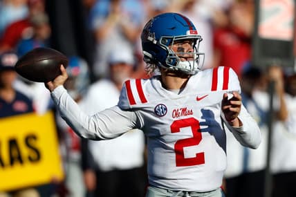 Sep 23, 2023; Tuscaloosa, Alabama, USA; Mississippi Rebels quarterback Jaxson Dart (2) against the Alabama Crimson Tide during the second half of a football game at Bryant-Denny Stadium. Mandatory Credit: Butch Dill-USA TODAY Sports