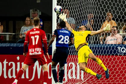 New York Red Bulls forward Elias Manoel (11) ball gets passed FC Cincinnati goalkeeper Alec Kann (1) for a goal in the first half of the MLS match between FC Cincinnati and New York Red Bulls at TQL Stadium in Cincinnati on Wednesday, Oct. 4, 2023.