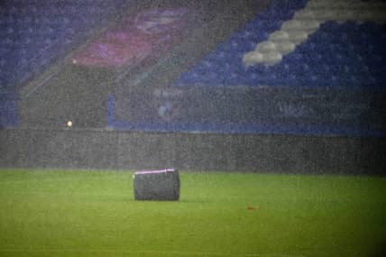Oct 4, 2023; Frisco, Texas, USA; A view of a trash can after it is blown on to the field as a storm goes through Frisco during a lightning delay in the game between FC Dallas and the Colorado Rapids at Toyota Stadium. Mandatory Credit: Jerome Miron-USA TODAY Sports