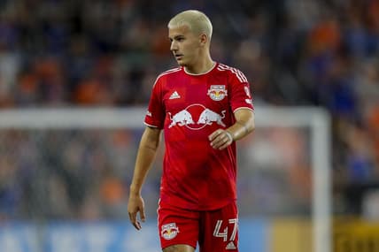 Oct 4, 2023; Cincinnati, Ohio, USA; New York Red Bulls defender John Tolkin (47) walks on the field during the second half against FC Cincinnati at TQL Stadium. Mandatory Credit: Katie Stratman-USA TODAY Sports