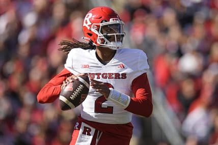 Oct 7, 2023; Madison, Wisconsin, USA;  Rutgers Scarlet Knights quarterback Gavin Wimsatt (2) looks to throw a pass during the second quarter against the Wisconsin Badgers at Camp Randall Stadium. Mandatory Credit: Jeff Hanisch-USA TODAY Sports