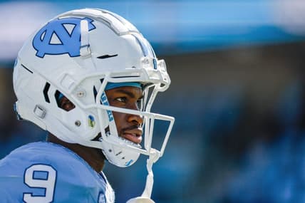 Oct 7, 2023; Chapel Hill, North Carolina, USA; North Carolina Tar Heels wide receiver Devontez Walker (9) warms up before the game against the Syracuse Orange at Kenan Memorial Stadium. Mandatory Credit: Jaylynn Nash-USA TODAY Sports