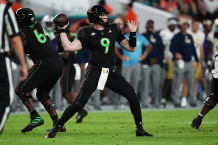 Oct 7, 2023; Miami Gardens, Florida, USA; Miami Hurricanes quarterback Tyler Van Dyke (9) attempts a pass against the Georgia Tech Yellow Jackets in the first half at Hard Rock Stadium. Mandatory Credit: Jasen Vinlove-USA TODAY Sports