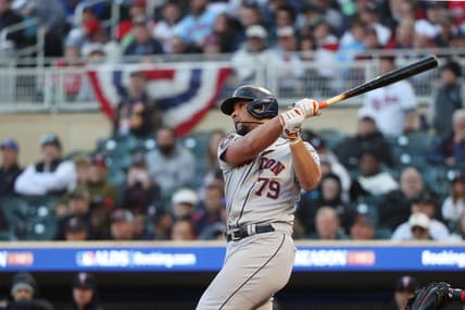 Oct 10, 2023; Minneapolis, Minnesota, USA; Houston Astros first baseman Jose Abreu (79) hits a two-run home-run in the ninth inning against the Minnesota Twins during game three of the ALDS for the 2023 MLB playoffs at Target Field. Mandatory Credit: Jesse Johnson-USA TODAY Sports