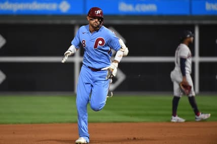 Oct 12, 2023; Philadelphia, Pennsylvania, USA; Philadelphia Phillies right fielder Nick Castellanos (8) rounds the bases after hitting a solo home run against the Atlanta Braves during the fourth inning during game four of the NLDS for the 2023 MLB playoffs at Citizens Bank Park. Mandatory Credit: Eric Hartline-USA TODAY Sports