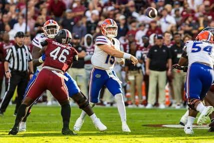 Oct 14, 2023; Columbia, South Carolina, USA; Florida Gators quarterback Graham Mertz (15) throws a pass against the South Carolina Gamecocks in the second quarter at Williams-Brice Stadium. Mandatory Credit: Jeff Blake-USA TODAY Sports