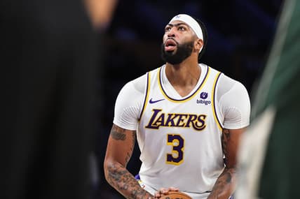 Oct 15, 2023; Los Angeles, California, USA; Los Angeles Lakers forward Anthony Davis (3) shoots a free-throw against the Milwaukee Bucks in the second quarter at Crypto.com Arena. Mandatory Credit: Jonathan Hui-USA TODAY Sports