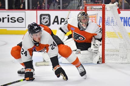 Oct 19, 2023; Philadelphia, Pennsylvania, USA; Philadelphia Flyers defenseman Nick Seeler (24) defends with goaltender Carter Hart (79) against the Edmonton Oilers during the second period at Wells Fargo Center. Mandatory Credit: Eric Hartline-USA TODAY Sports