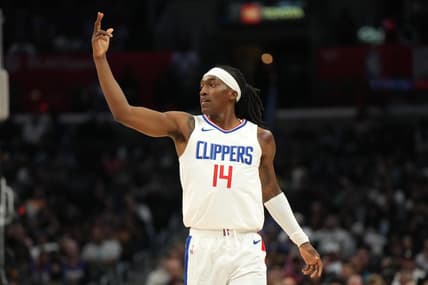 Oct 19, 2023; Los Angeles, California, USA; LA Clippers guard Terance Mann (14) celebrates against the Denver Nuggets in the first half at Crypto.com Arena. Mandatory Credit: Kirby Lee-USA TODAY Sports