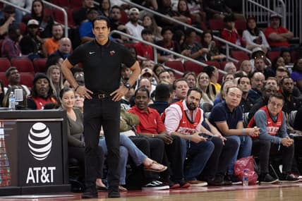 Oct 20, 2023; Houston, Texas, USA; Miami Heat head coach Rick Carlisle watches his team play against the Houston Rockets in the fourth quarter at Toyota Center. Mandatory Credit: Thomas Shea-USA TODAY Sports
