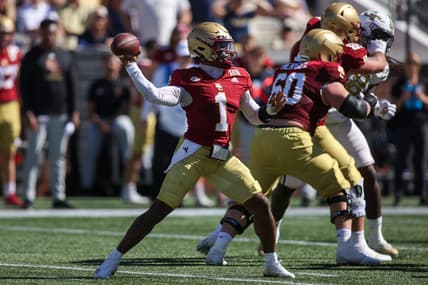 Oct 21, 2023; Atlanta, Georgia, USA; Boston College Eagles quarterback Thomas Castellanos (1) throws a pass against the Georgia Tech Yellow Jackets in the second half at Bobby Dodd Stadium at Hyundai Field. Mandatory Credit: Brett Davis-USA TODAY Sports