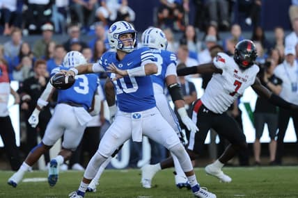 Oct 21, 2023; Provo, Utah, USA; Brigham Young Cougars quarterback Kedon Slovis (10) passes the ball against the Texas Tech Red Raiders in the first quarter at LaVell Edwards Stadium. Mandatory Credit: Rob Gray-USA TODAY Sports