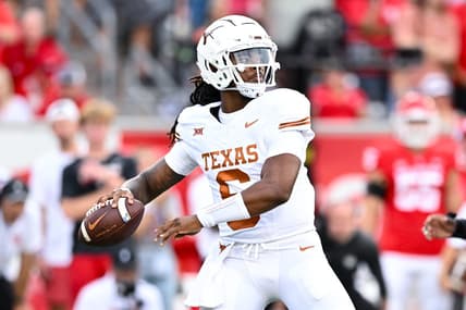 Oct 21, 2023; Houston, Texas, USA; Texas Longhorns quarterback Maalik Murphy (6) looks to pass the ball during the fourth quarter against the Houston Cougars at TDECU Stadium. Mandatory Credit: Maria Lysaker-USA TODAY Sports