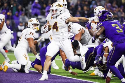 Oct 21, 2023; Seattle, Washington, USA; Arizona State Sun Devils running back Cameron Skattebo (4) rushes for a touchdown against the Washington Huskies during the second quarter at Alaska Airlines Field at Husky Stadium. Mandatory Credit: Joe Nicholson-USA TODAY Sports