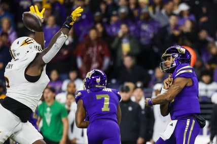 Oct 21, 2023; Seattle, Washington, USA; Arizona State Sun Devils defensive tackle Dashaun Mallory (0) blocks a pass attempt by Washington Huskies quarterback Michael Penix Jr. (9) during the second quarter at Alaska Airlines Field at Husky Stadium. Mandatory Credit: Joe Nicholson-USA TODAY Sports