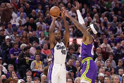 Oct 25, 2023; Salt Lake City, Utah, USA;  Sacramento Kings forward Harrison Barnes (40) shoots the ball past Utah Jazz guard Jordan Clarkson (00) during the first quarter at Delta Center. Mandatory Credit: Chris Nicoll-USA TODAY Sports