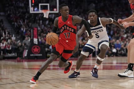 Oct 25, 2023; Toronto, Ontario, CAN; Toronto Raptors guard Dennis Schroder (17) drives to the net past Minnesota Timberwolves guard Anthony Edwards (5) during the second half at Scotiabank Arena. Mandatory Credit: John E. Sokolowski-USA TODAY Sports