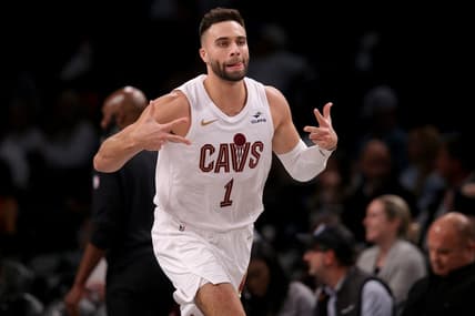 Oct 25, 2023; Brooklyn, New York, USA; Cleveland Cavaliers guard Max Strus (1) reacts after hitting a three point shot against the Brooklyn Nets during the third quarter at Barclays Center. Mandatory Credit: Brad Penner-USA TODAY Sports