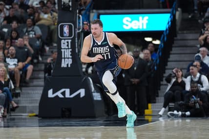 Oct 25, 2023; San Antonio, Texas, USA; Dallas Mavericks guard Luka Doncic (77) dribbles in the first half against the San Antonio Spurs at the Frost Bank Center. Mandatory Credit: Daniel Dunn-USA TODAY Sports
